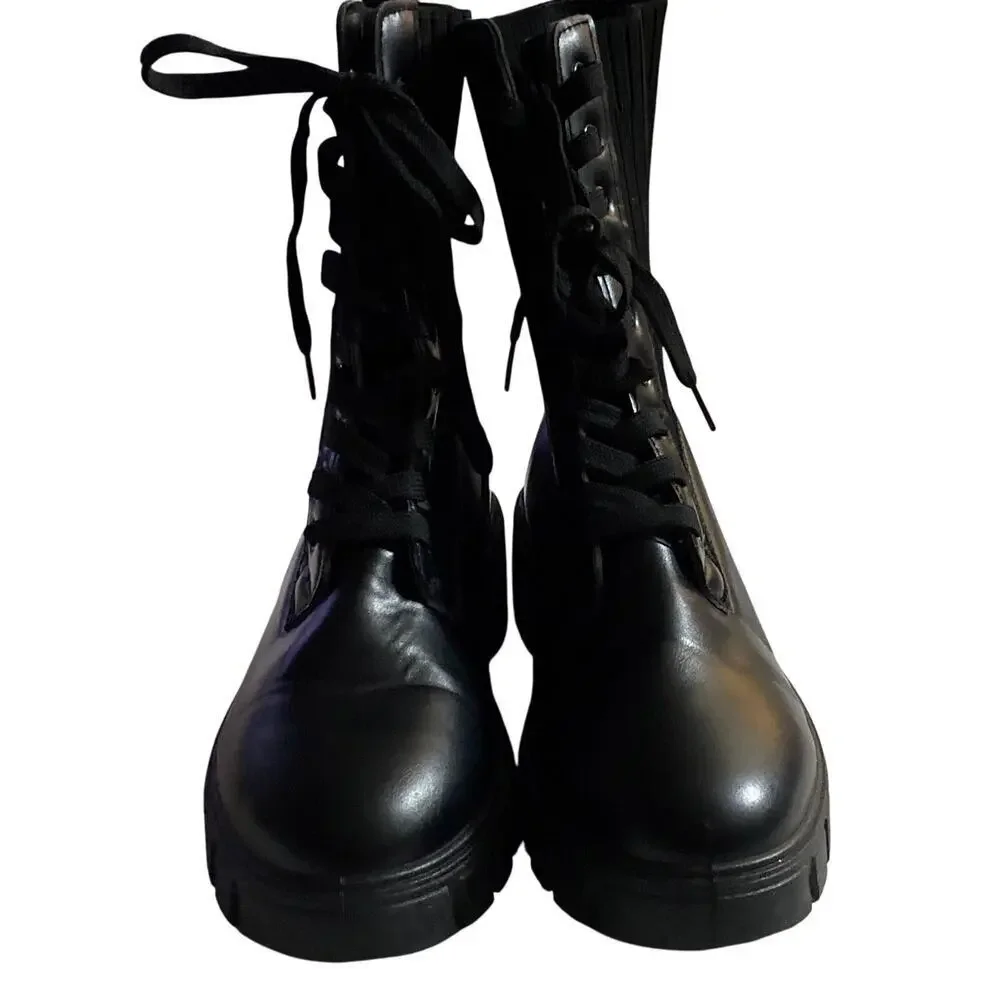 TOP MODA WO SIZE 10 MOTO CHUNKY HEEL BOOTS‎  LACEUP BLACK FAUX LEATHER CLEAN EUC